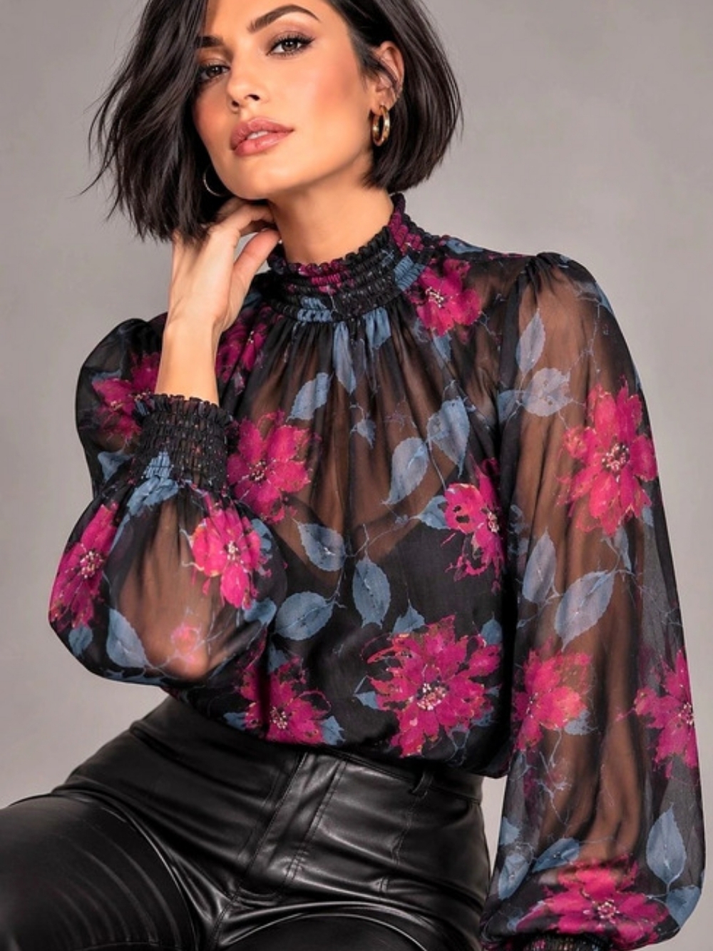 Reitmans Floral Sheer Blouse in Black & Pink Like New